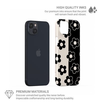 Black and cream floral snap phone case with split background petal pattern design