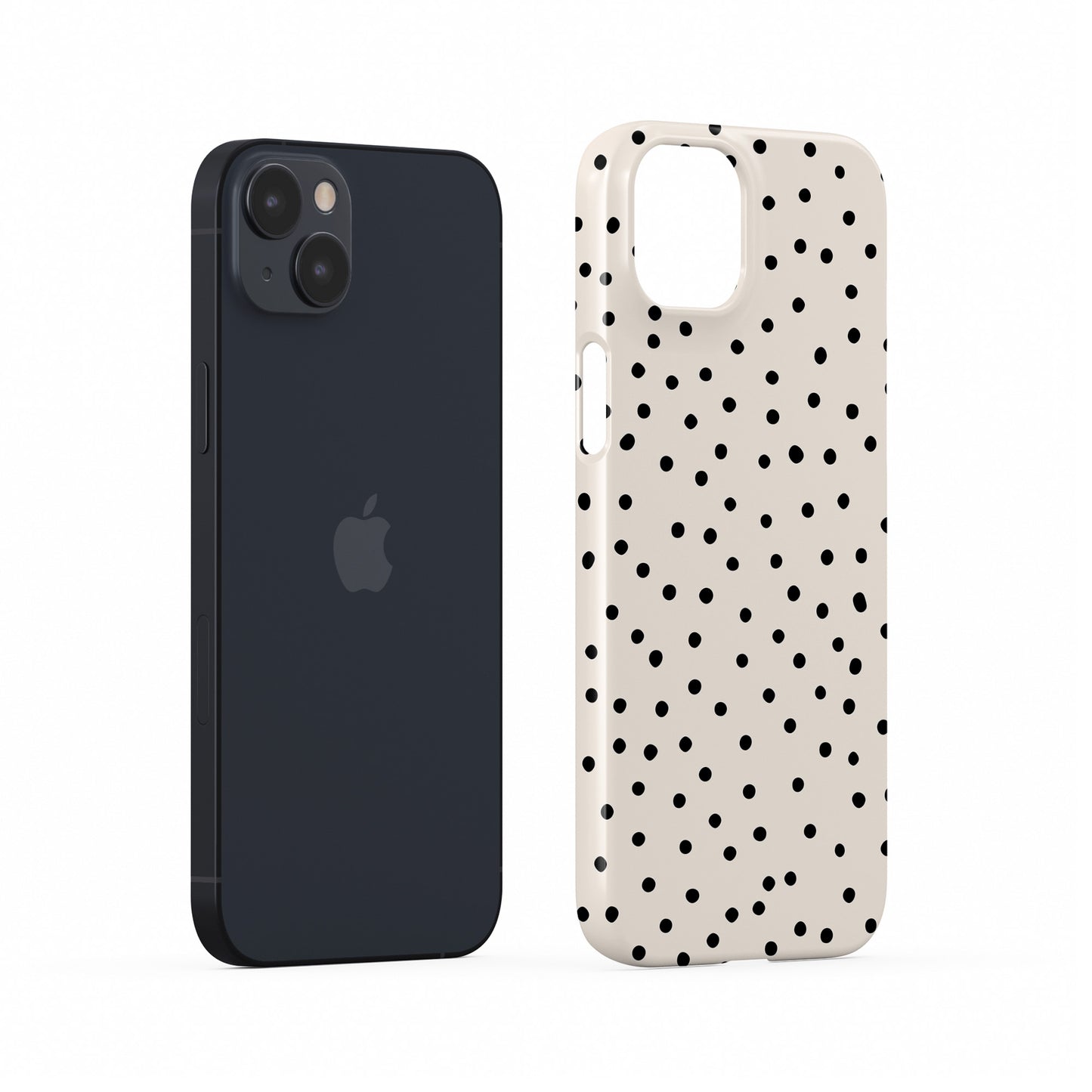 Cream snap phone case with scattered black dot pattern and minimal polka dot design