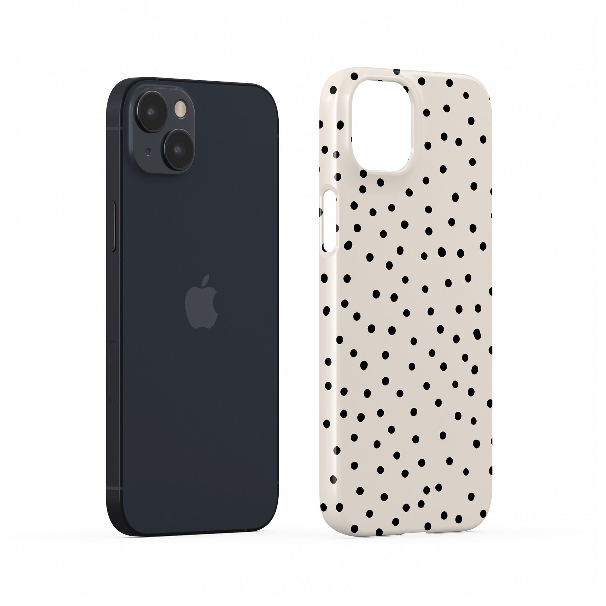 Cream snap phone case with scattered black dot pattern and minimal polka dot design