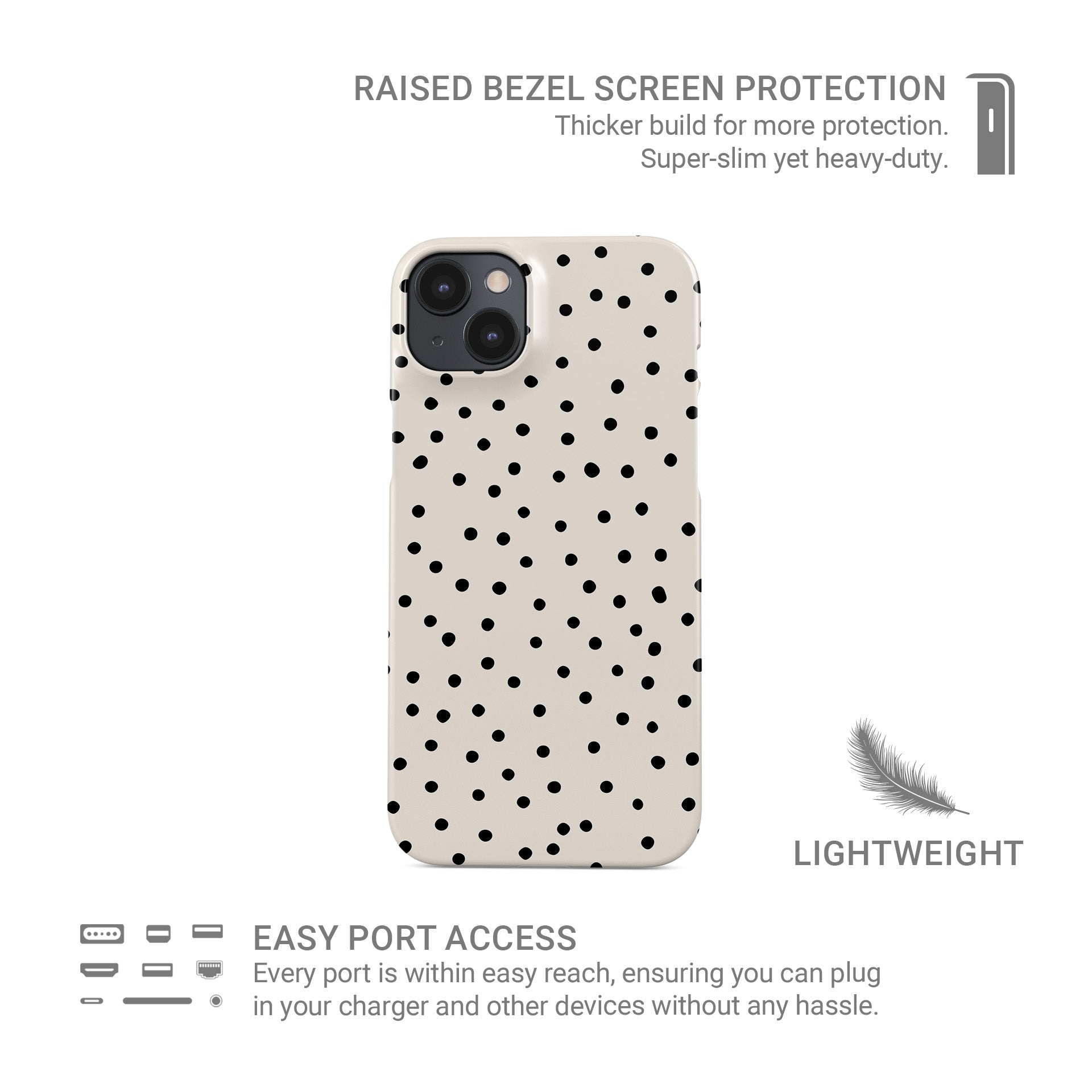 Cream snap phone case with scattered black dot pattern and minimal polka dot design