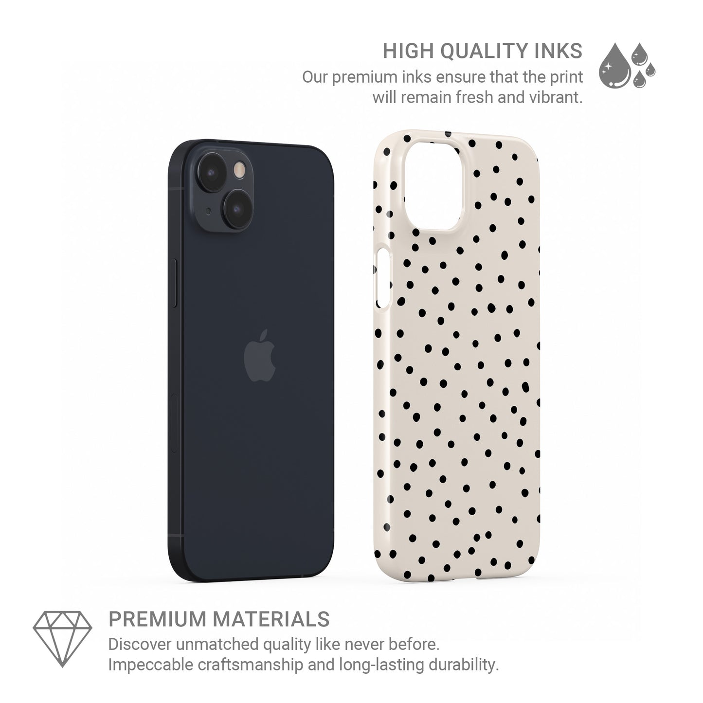 Cream snap phone case with scattered black dot pattern and minimal polka dot design