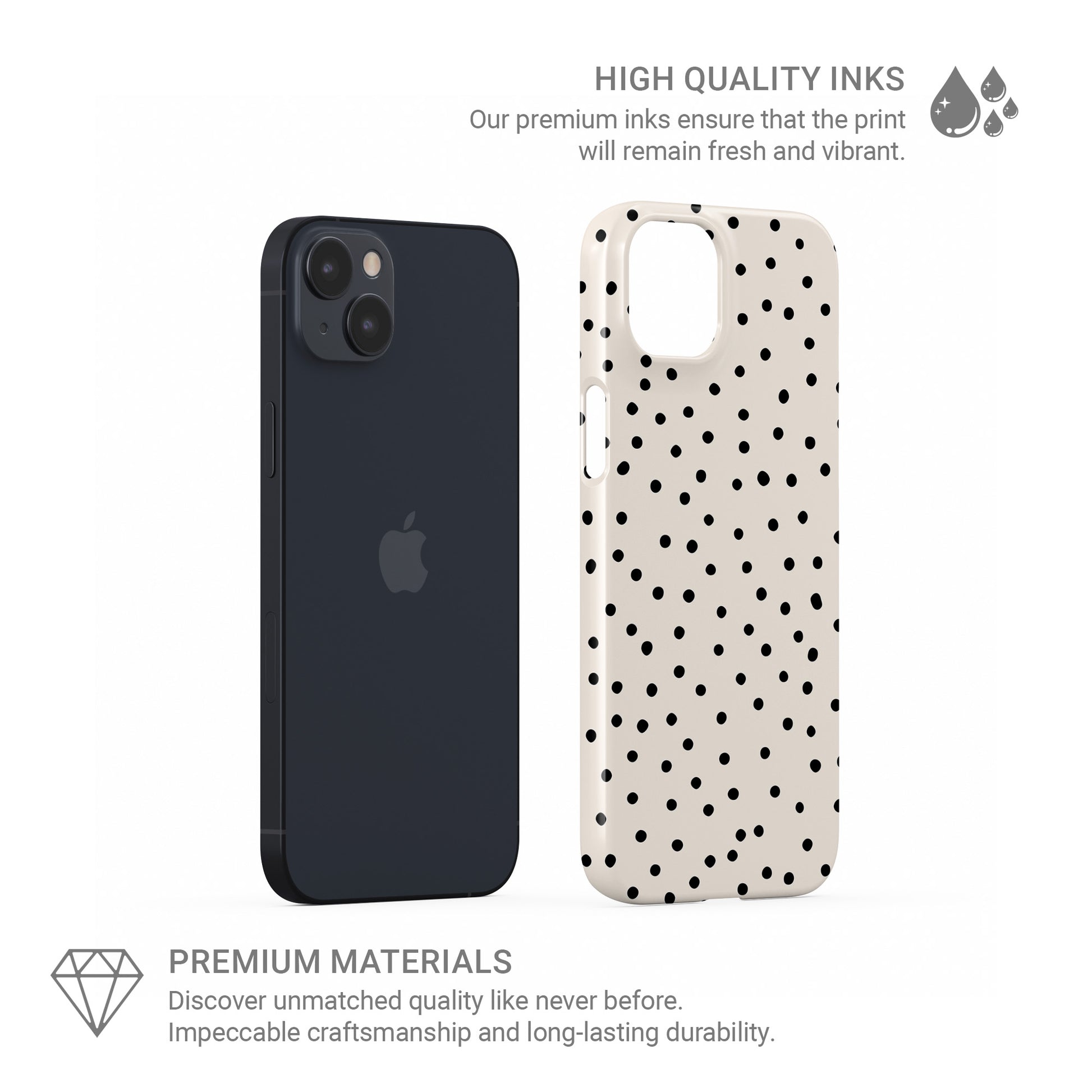 Cream snap phone case with scattered black dot pattern and minimal polka dot design