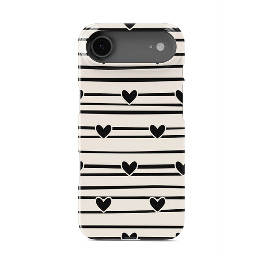 Black and cream heart stripe pattern tech accessories including phone cases laptop sleeves and drinks tumblers