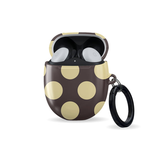 Vanilla Truffle Pixel Buds Case featuring oversized creamy vanilla polka dots on a rich cocoa-brown background.