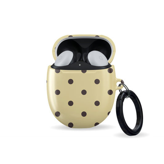 Cocoa Drops Pixel Buds Case featuring small, evenly spaced cocoa-brown polka dots on a creamy vanilla background.