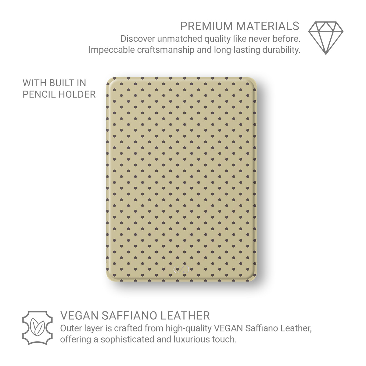 Cocoa Drops iPad Folio Case featuring small, evenly spaced cocoa-brown polka dots on a creamy vanilla background.