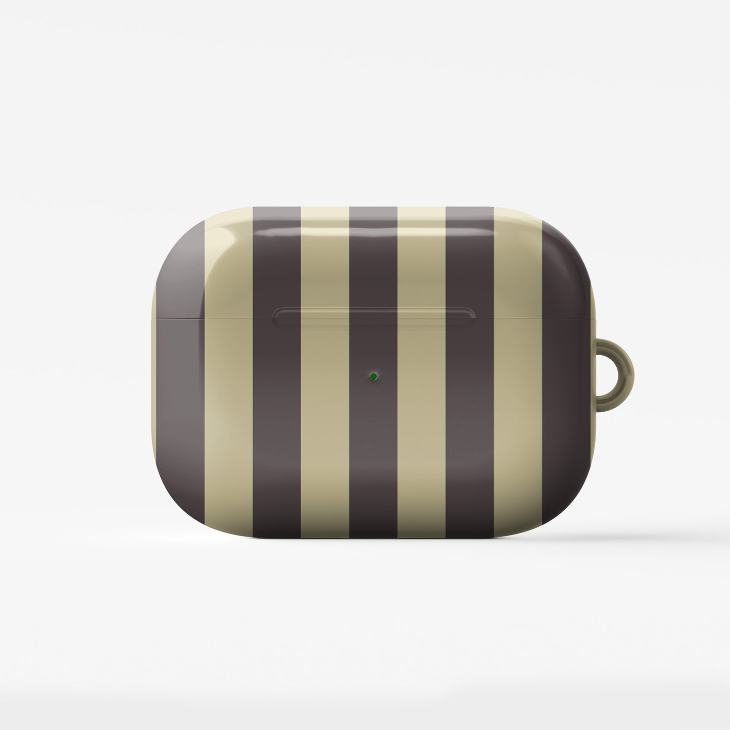 Cocoa Wafer AirPods Case featuring small cocoa-brown polka dots above bold vertical cocoa-brown stripes on a creamy vanilla background.