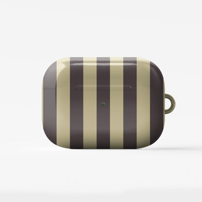 Cocoa Wafer AirPods Case featuring small cocoa-brown polka dots above bold vertical cocoa-brown stripes on a creamy vanilla background.