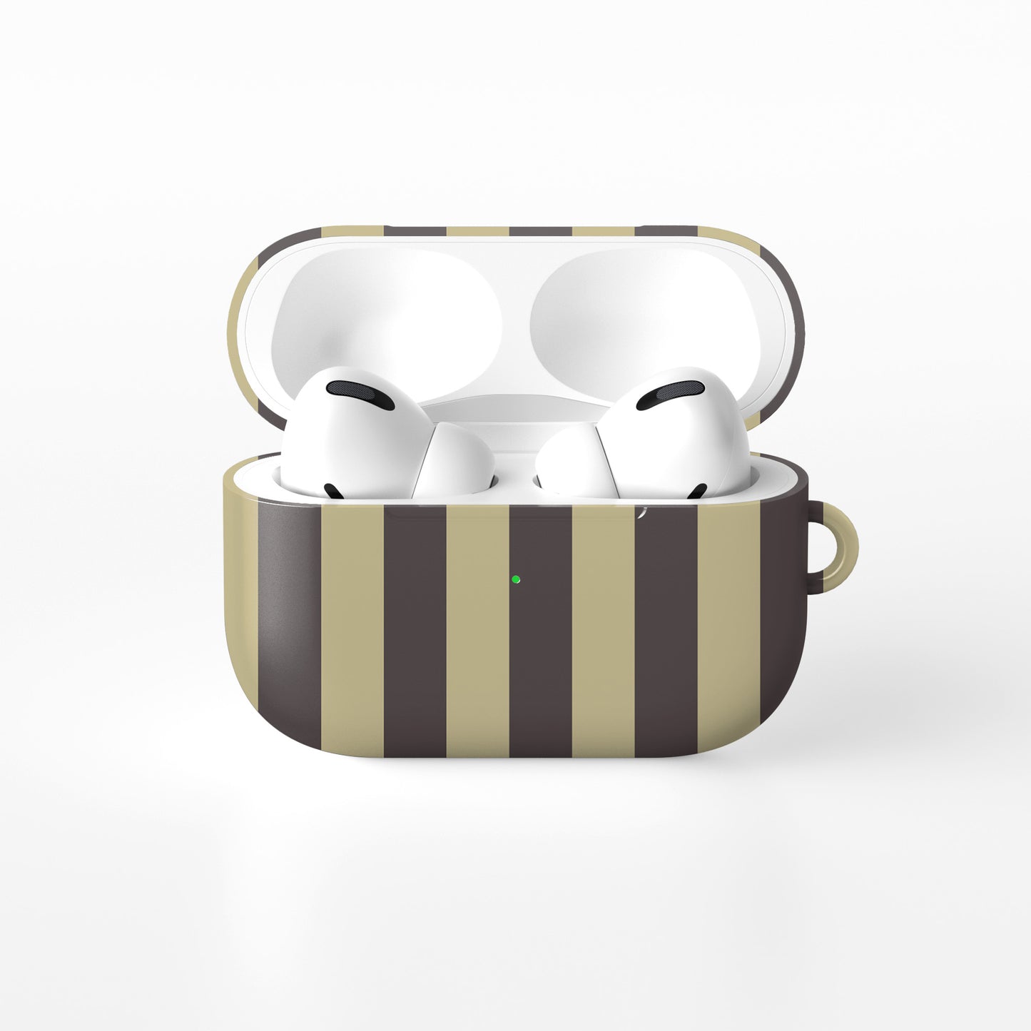 Cocoa Wafer AirPods Case featuring small cocoa-brown polka dots above bold vertical cocoa-brown stripes on a creamy vanilla background.