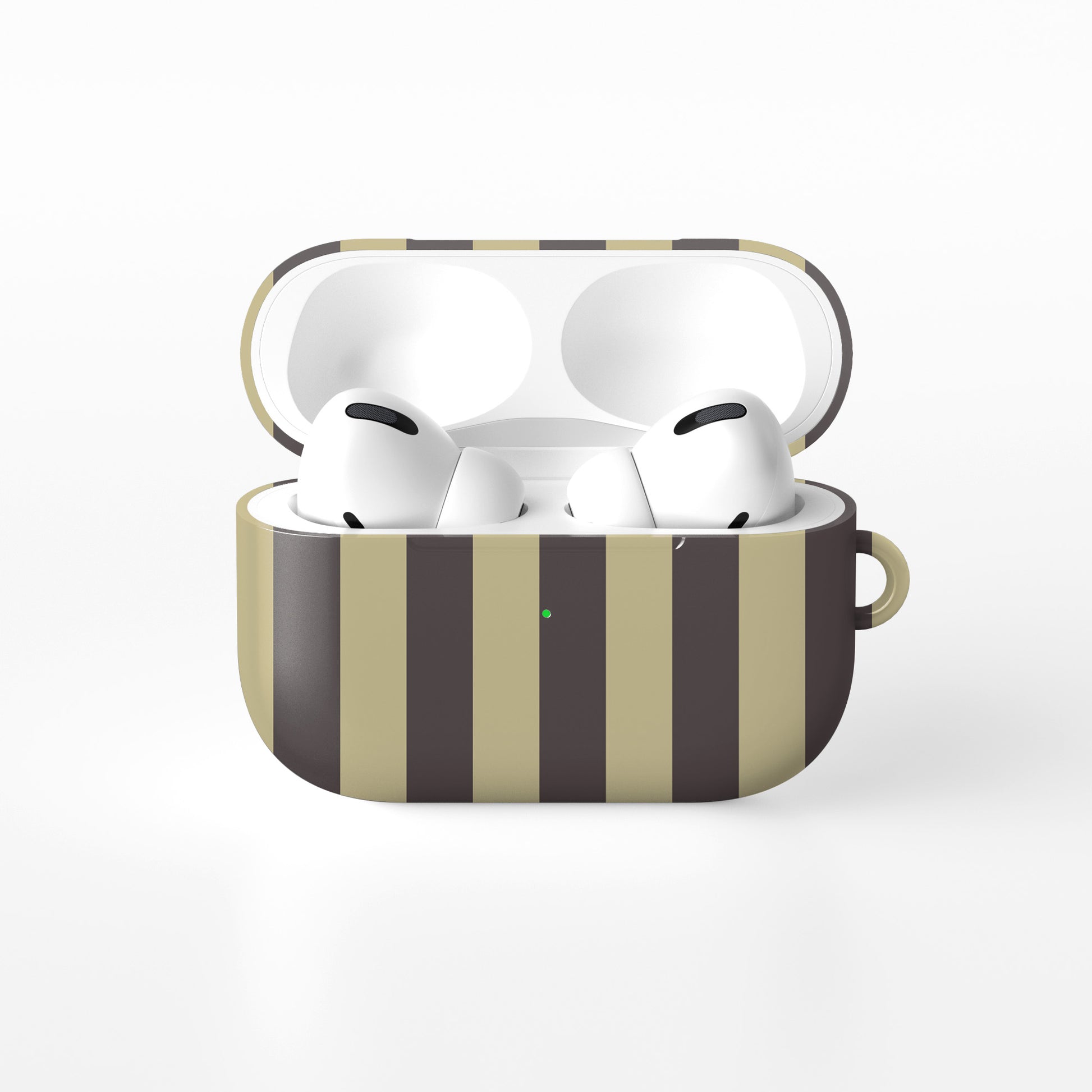 Cocoa Wafer AirPods Case featuring small cocoa-brown polka dots above bold vertical cocoa-brown stripes on a creamy vanilla background.