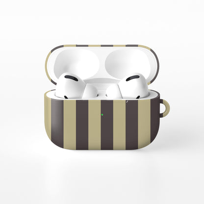 Cocoa Wafer AirPods Case featuring small cocoa-brown polka dots above bold vertical cocoa-brown stripes on a creamy vanilla background.