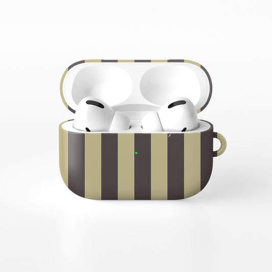 Cocoa Wafer AirPods Case featuring small cocoa-brown polka dots above bold vertical cocoa-brown stripes on a creamy vanilla background.
