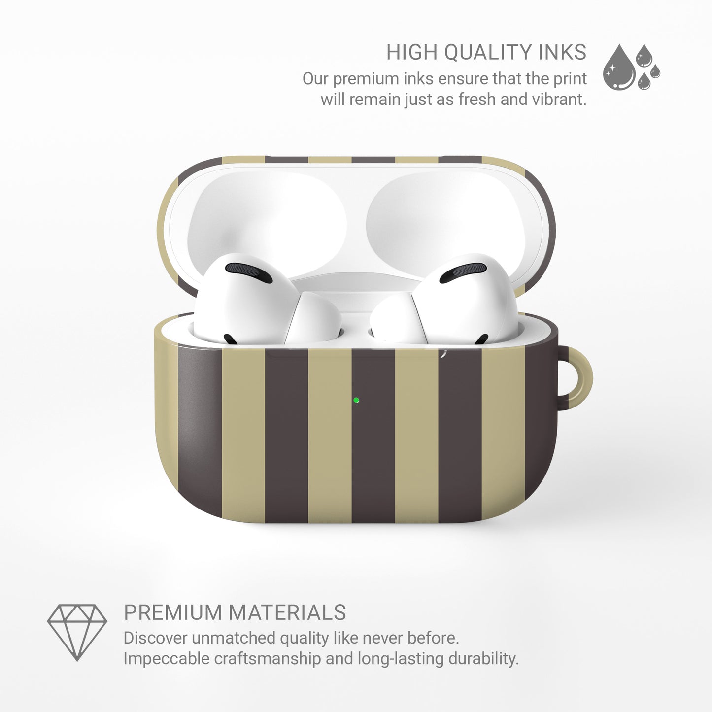 Cocoa Wafer AirPods Case featuring small cocoa-brown polka dots above bold vertical cocoa-brown stripes on a creamy vanilla background.