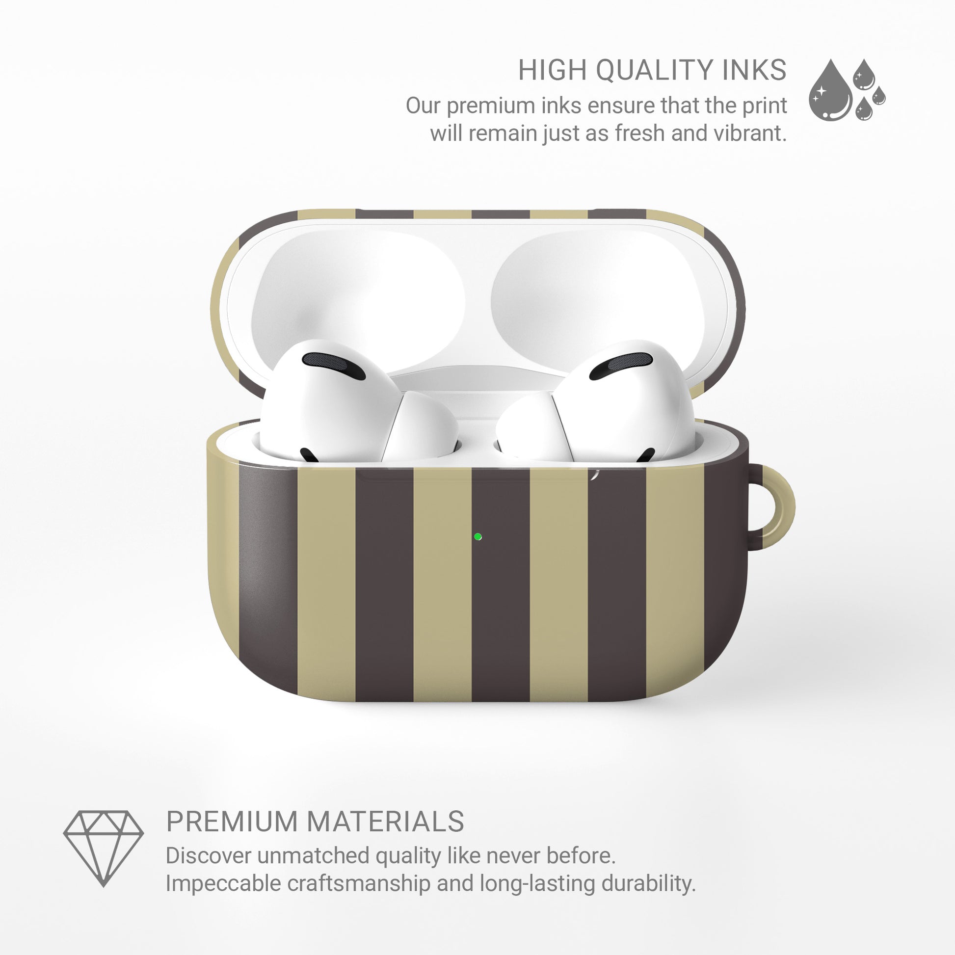Cocoa Wafer AirPods Case featuring small cocoa-brown polka dots above bold vertical cocoa-brown stripes on a creamy vanilla background.
