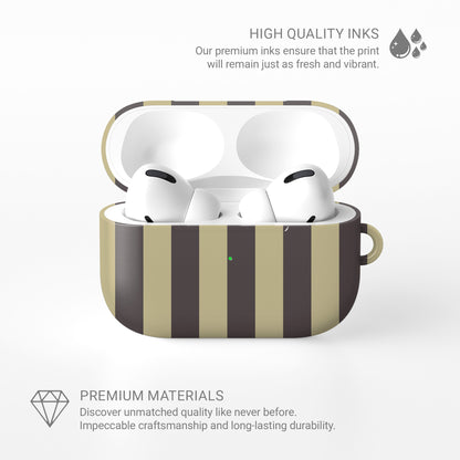 Cocoa Wafer AirPods Case featuring small cocoa-brown polka dots above bold vertical cocoa-brown stripes on a creamy vanilla background.