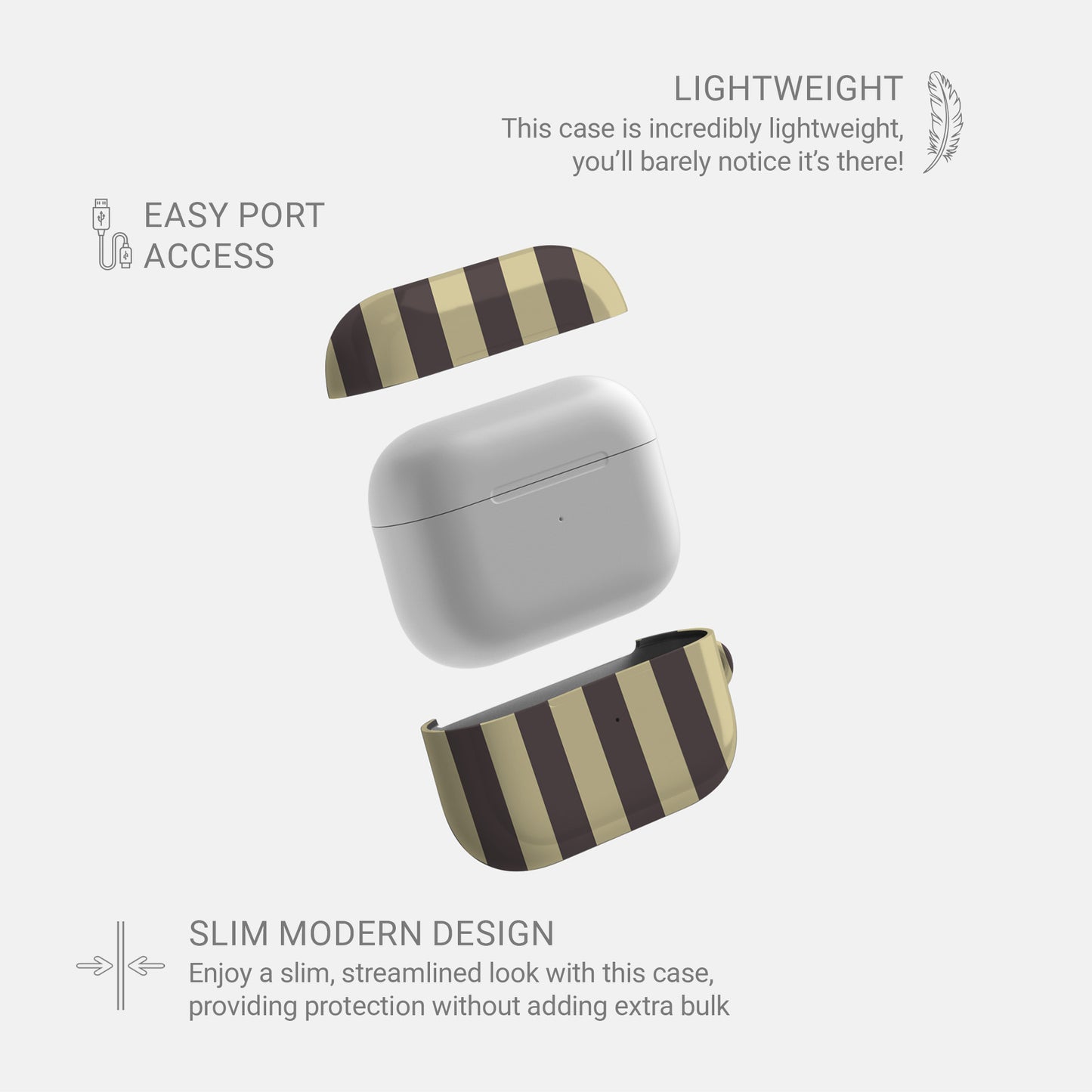 Cocoa Wafer AirPods Case featuring small cocoa-brown polka dots above bold vertical cocoa-brown stripes on a creamy vanilla background.