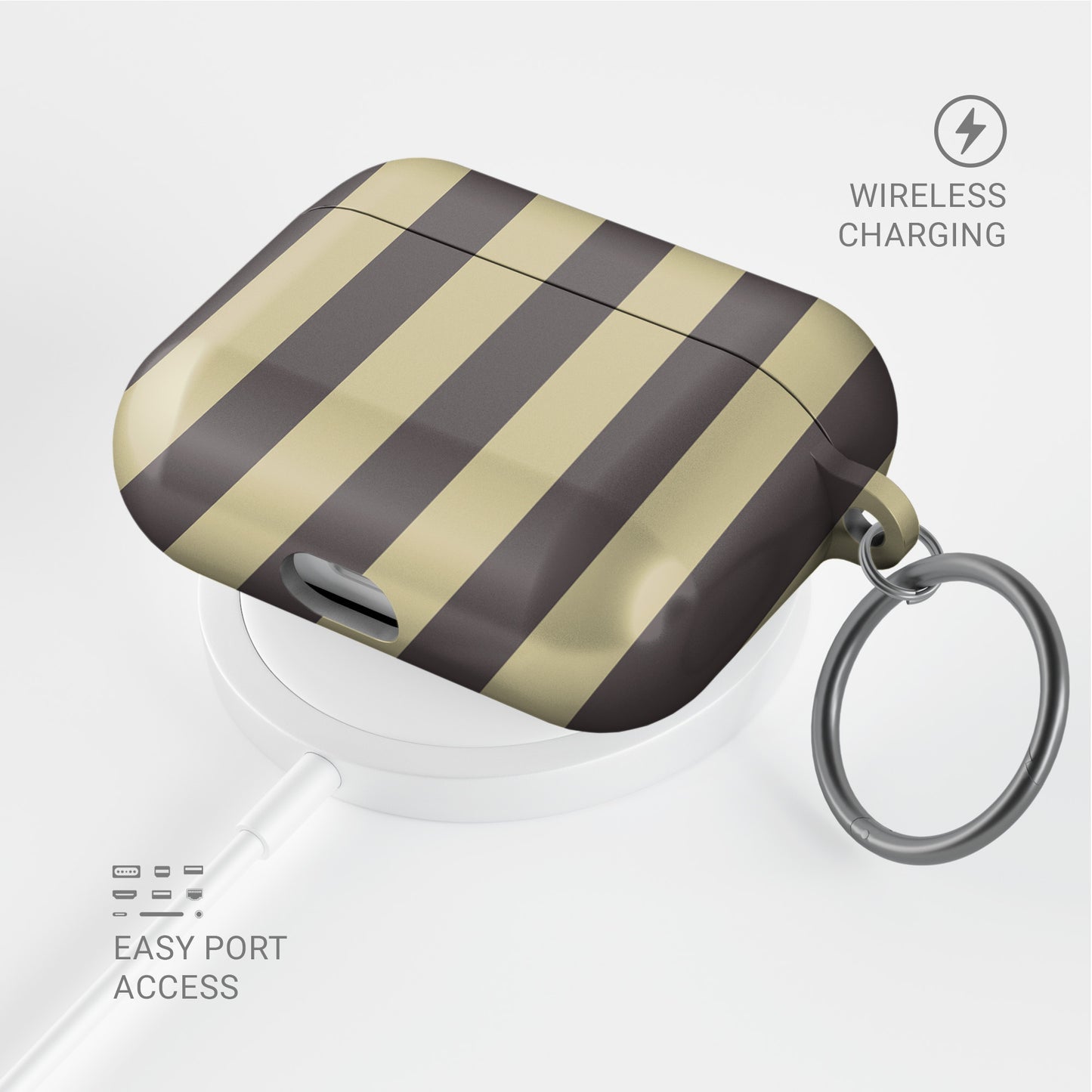 Cocoa Wafer AirPods Case featuring small cocoa-brown polka dots above bold vertical cocoa-brown stripes on a creamy vanilla background.