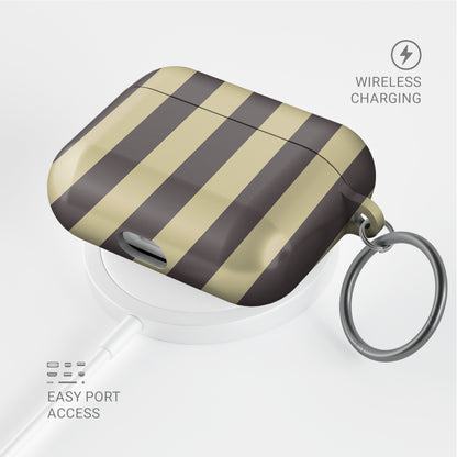 Cocoa Wafer AirPods Case featuring small cocoa-brown polka dots above bold vertical cocoa-brown stripes on a creamy vanilla background.