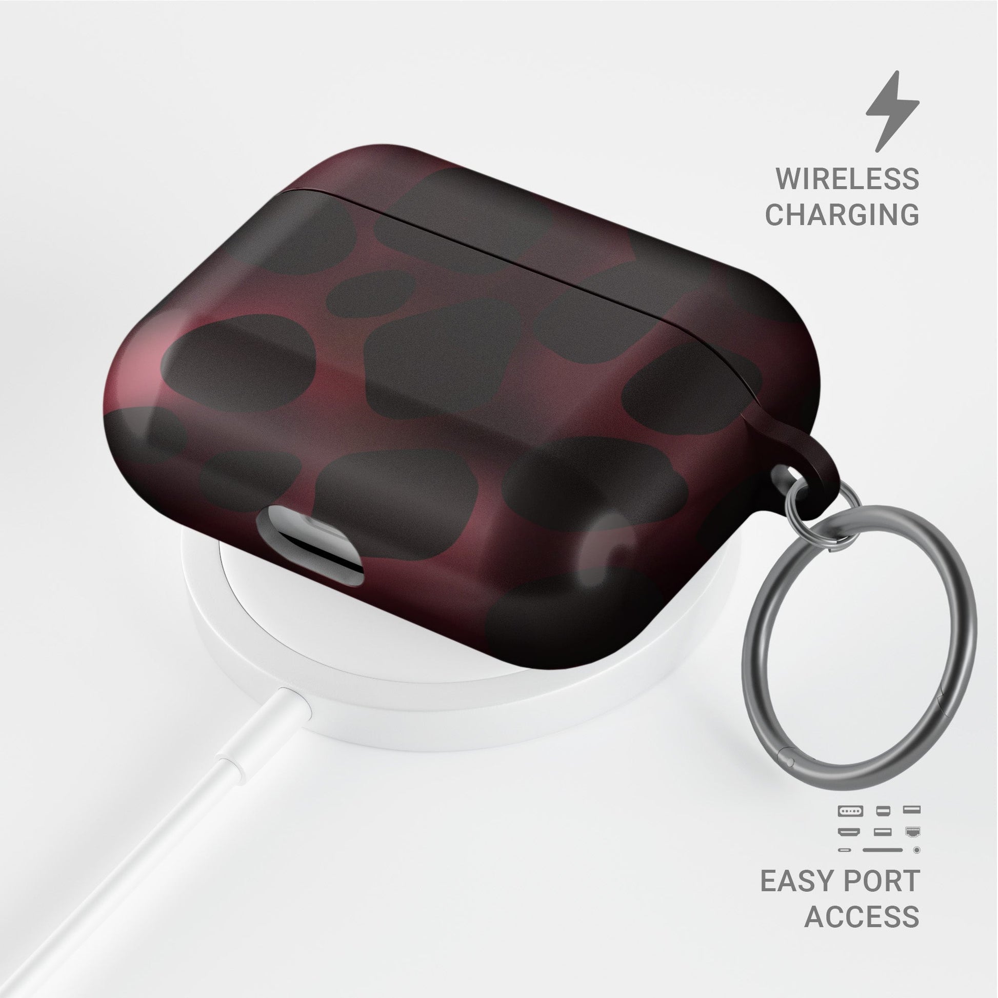 Crimson Ember AirPods tough case with deep red marble tortoise shell design, dual layer build, and glossy finish for everyday protection.