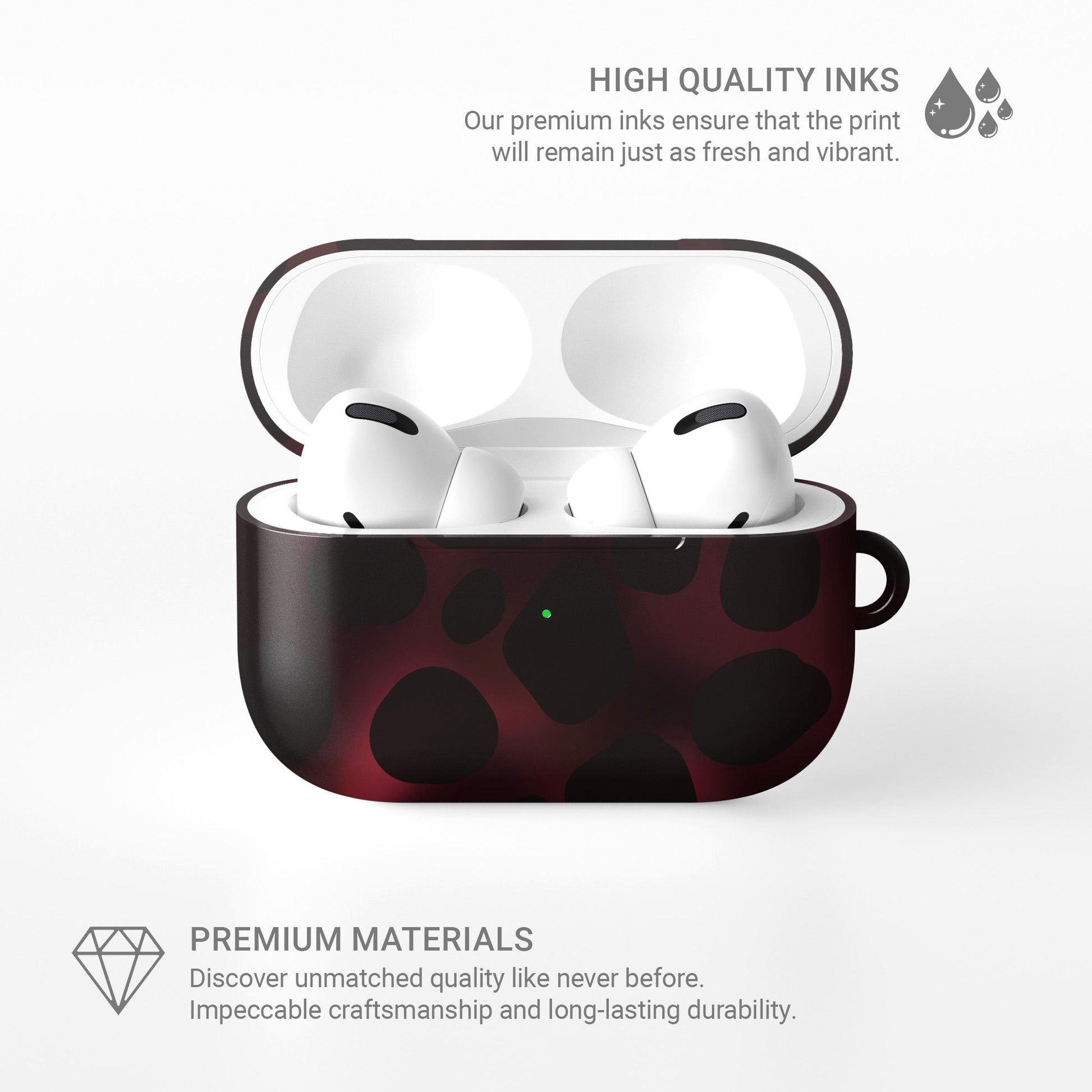 Crimson Ember AirPods tough case with deep red marble tortoise shell design, dual layer build, and glossy finish for everyday protection.