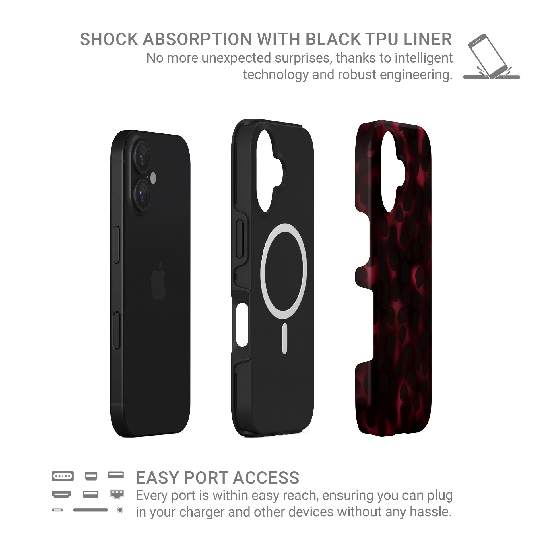 Crimson Ember MagSafe tough phone case with deep red marble tortoise Shell design, dual layer build, and magnetic charging compatibility.