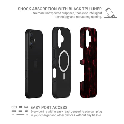 Crimson Ember MagSafe tough phone case with deep red marble tortoise Shell design, dual layer build, and magnetic charging compatibility.