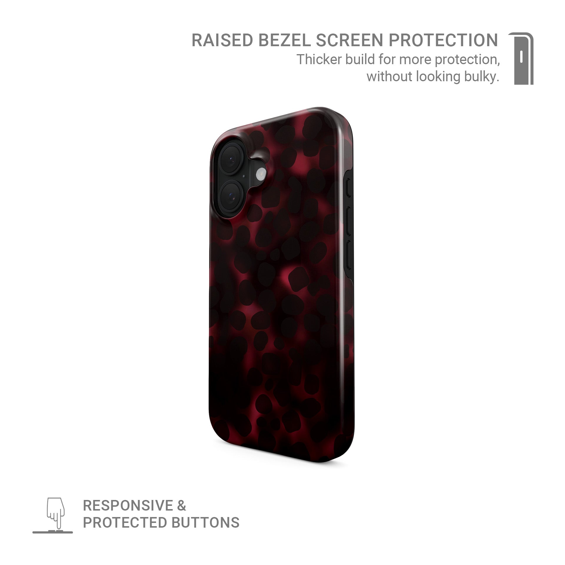 Crimson Ember MagSafe tough phone case with deep red marble tortoise Shell design, dual layer build, and magnetic charging compatibility.
