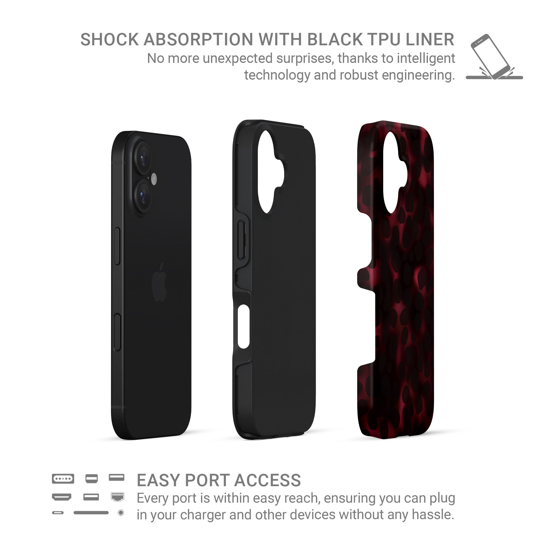 Crimson Ember tough phone case with deep red marble tortoise shell pattern, dual layer build, and glossy finish for everyday protection.