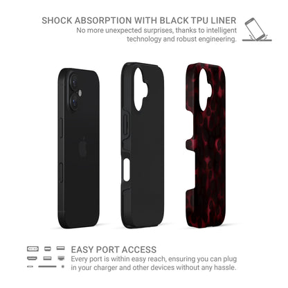 Crimson Ember tough phone case with deep red marble tortoise shell pattern, dual layer build, and glossy finish for everyday protection.