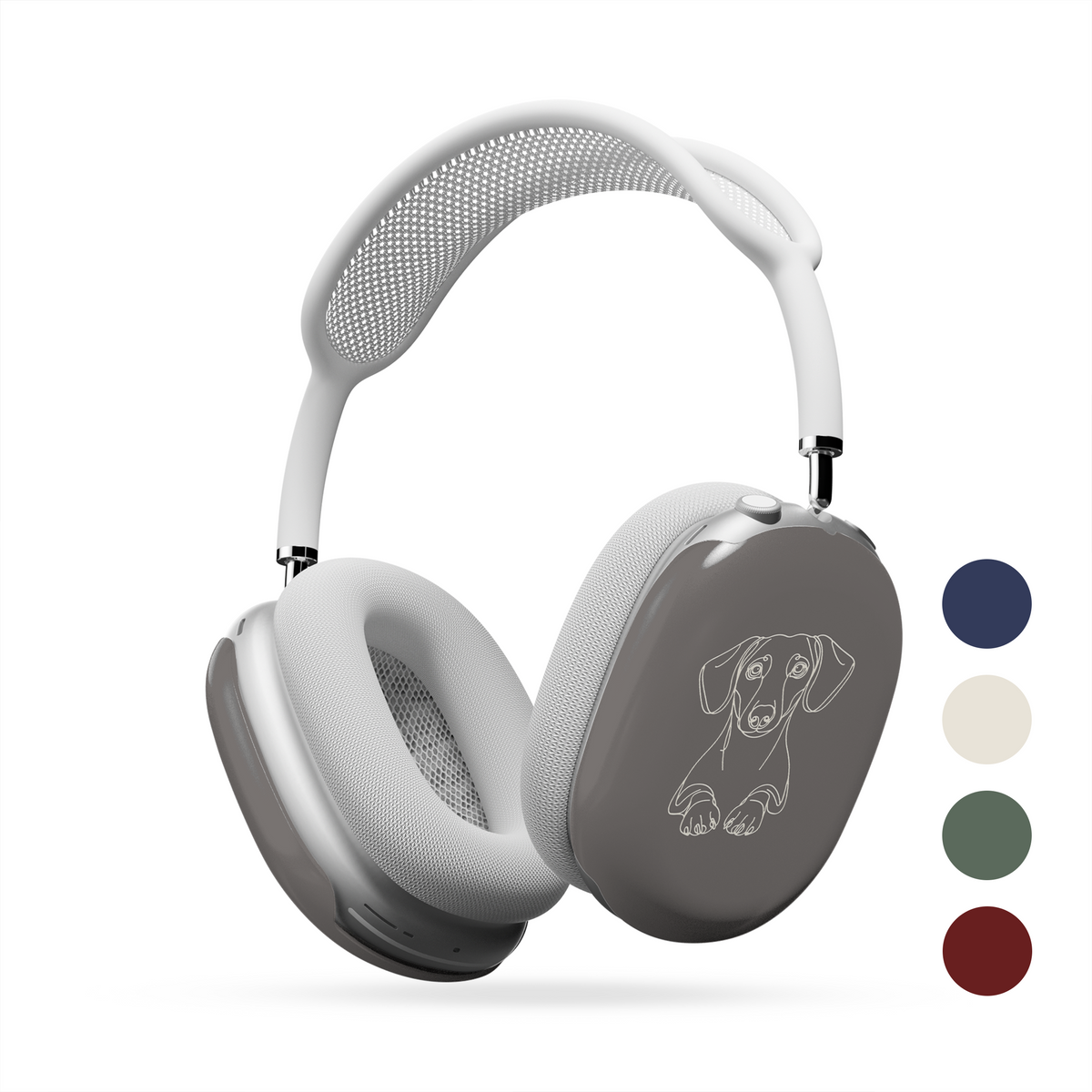 Cream AirPods Max ear-cup cover with black Dachshund line art, long ears and paws.