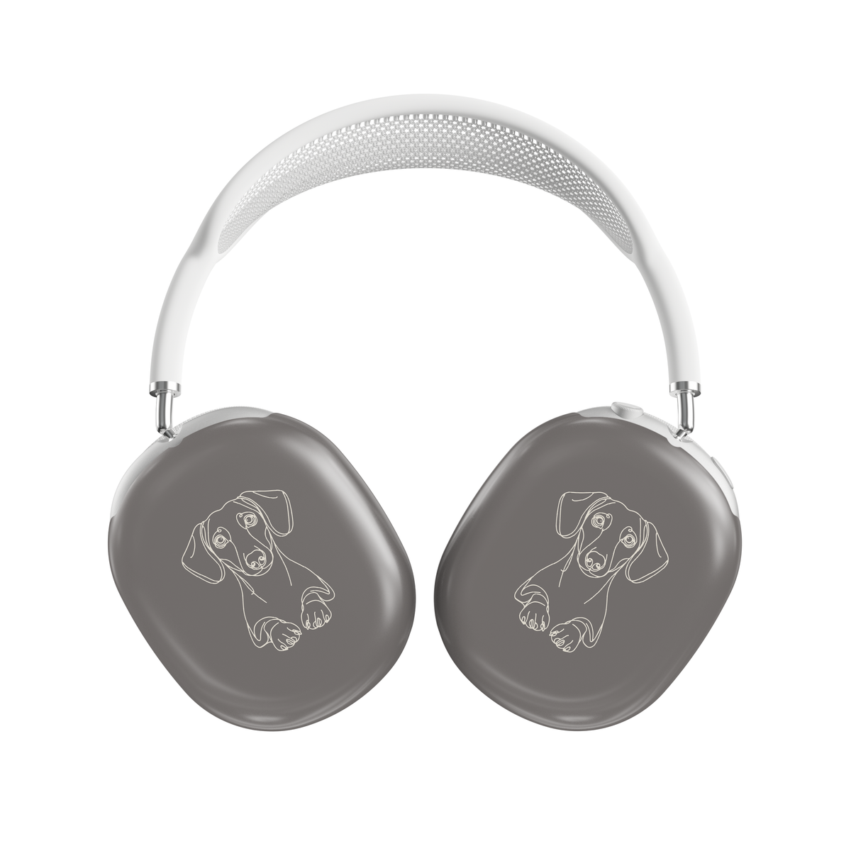 Sage Green AirPods Max ear-cup cover with pale Dachshund line art, long ears and paws.