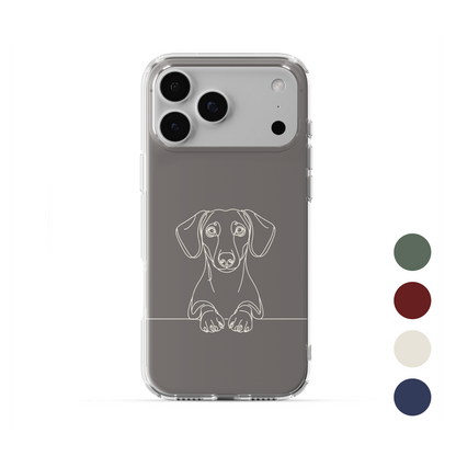 Clear phone case with Dachshund line art, long ears and paws peeking over a fine horizontal line.