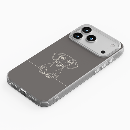 Clear phone case featuring a minimalist Dachshund line art portrait with long ears and paws.