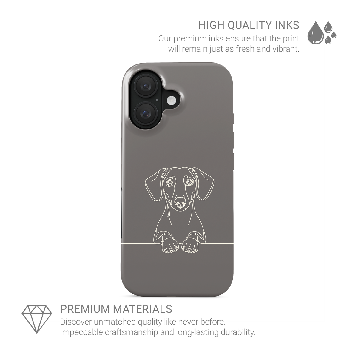 Taupe MagSafe Tough phone case with pale Dachshund line art, long ears and paws resting on a fine horizontal line.