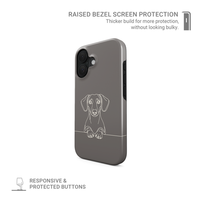 Midnight Blue MagSafe Tough phone case with pale Dachshund line art, long ears and paws resting on a fine horizontal line.