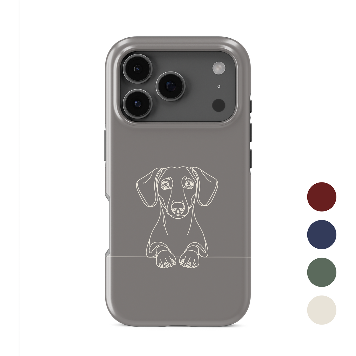 Cream Tough phone case with black Dachshund line art, long ears and paws resting on a fine horizontal line.