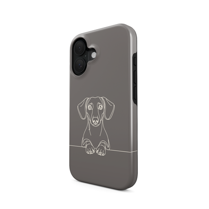 Sage Green Tough phone case with pale Dachshund line art, long ears and paws resting on a fine horizontal line.