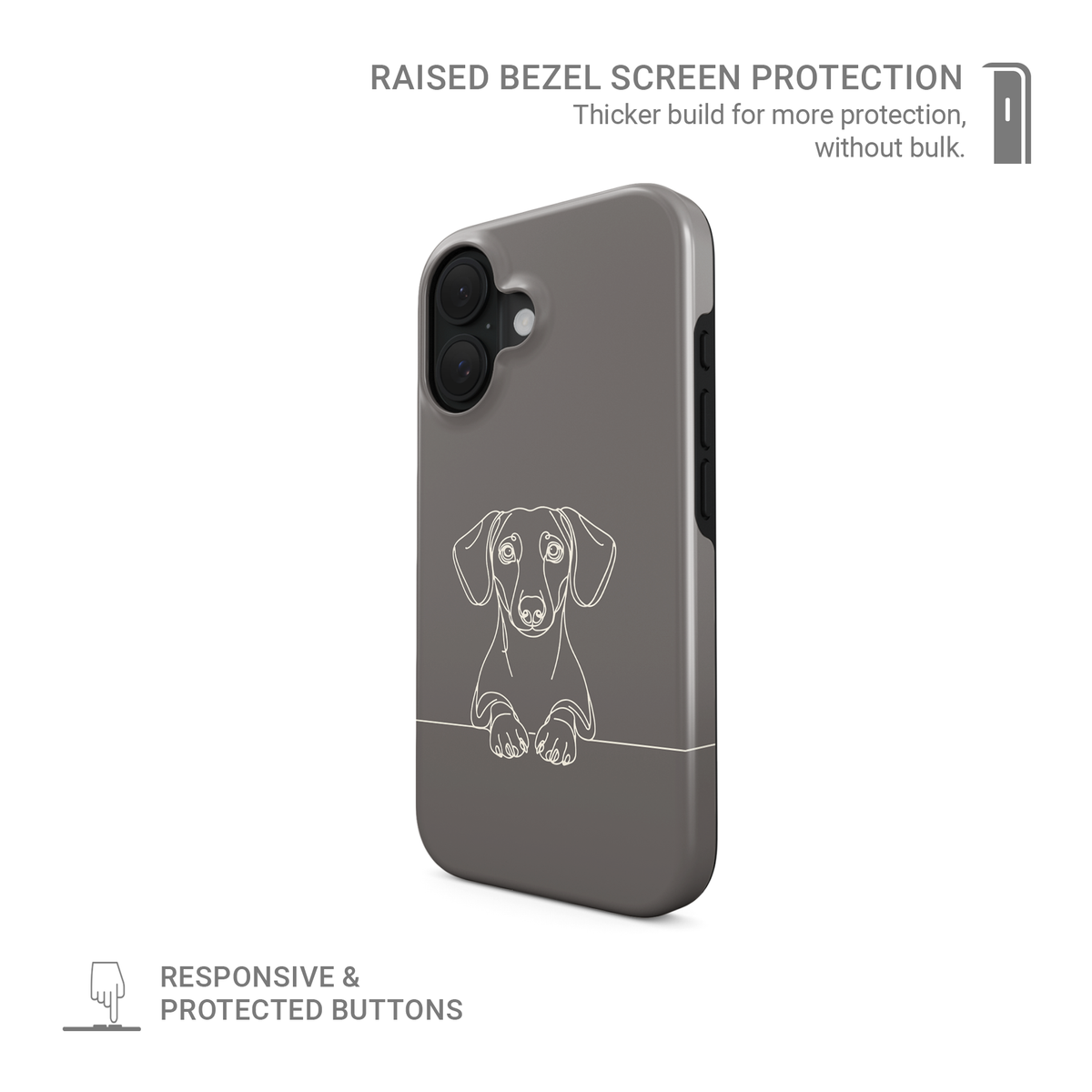 Midnight Blue Tough phone case with pale Dachshund line art, long ears and paws resting on a fine horizontal line.