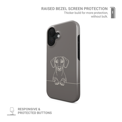 Midnight Blue Tough phone case with pale Dachshund line art, long ears and paws resting on a fine horizontal line.