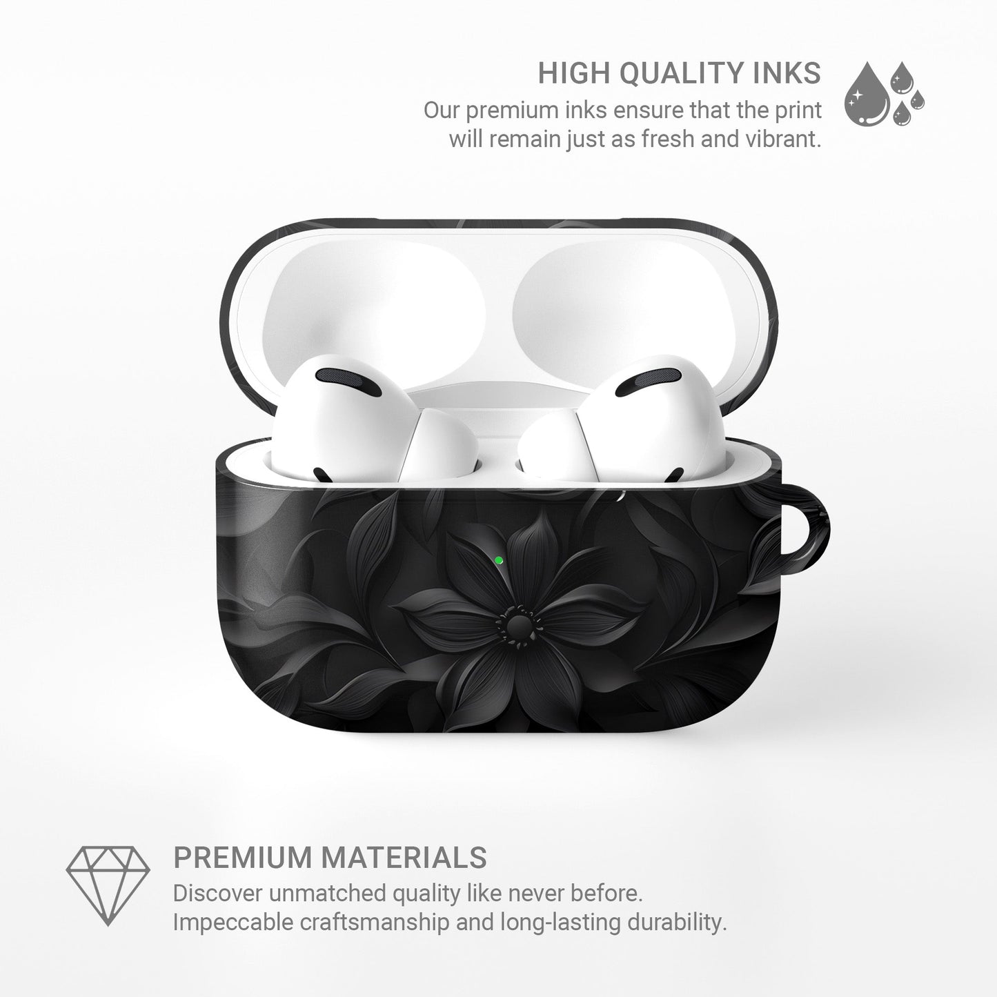Dark Flora AirPods Tough Case with black floral gothic print and glossy impact-resistant shell.
