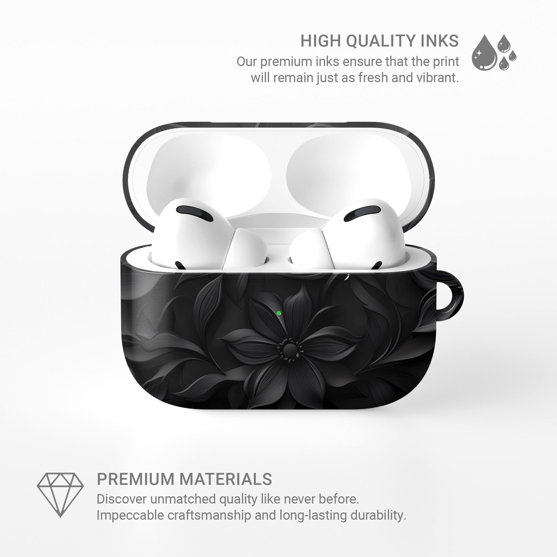 Dark Flora AirPods Tough Case with black floral gothic print and glossy impact-resistant shell.