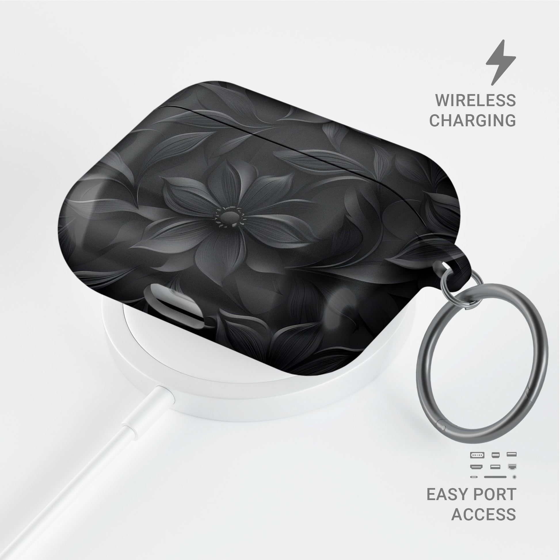 Dark Flora AirPods Tough Case with black floral gothic print and glossy impact-resistant shell.
