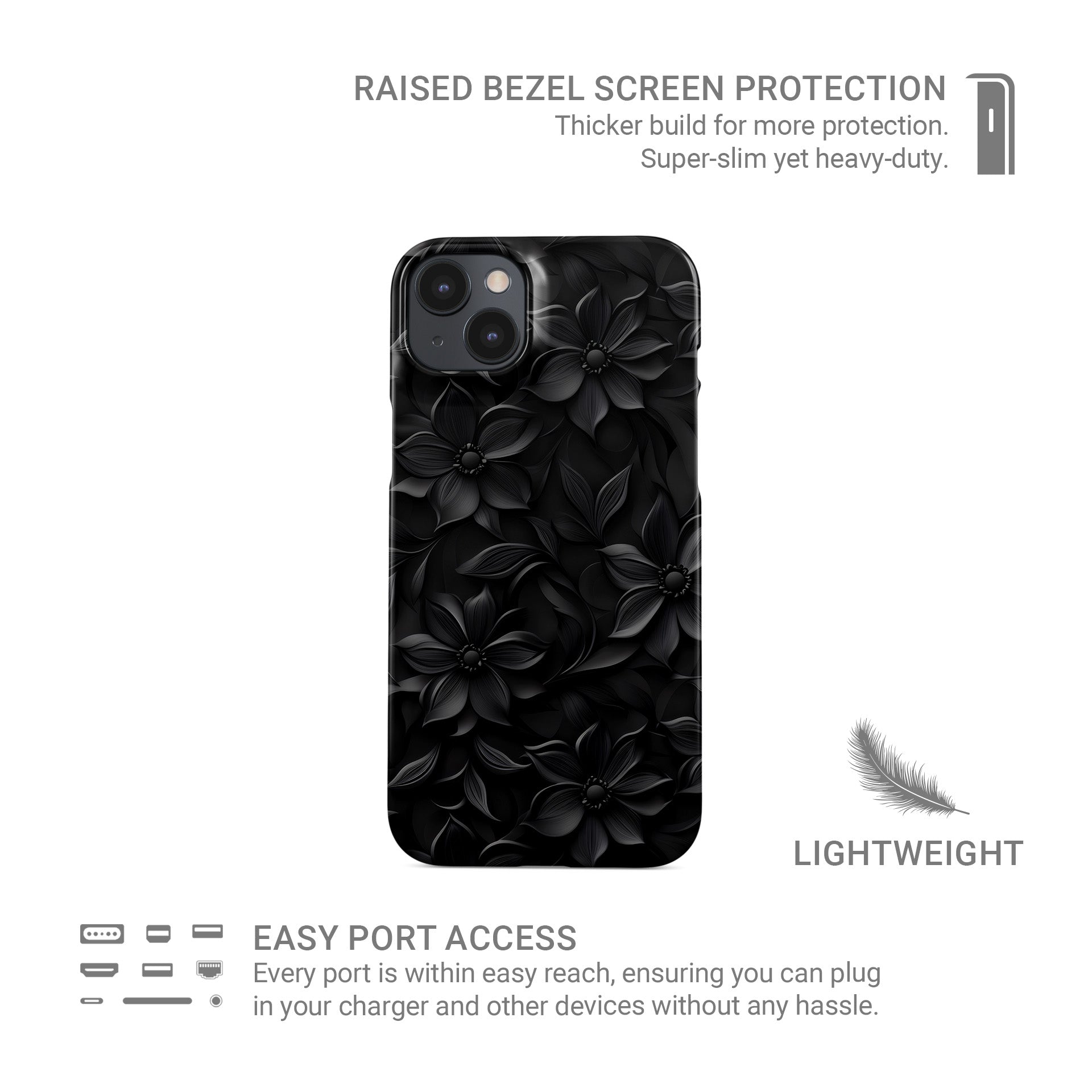 Glossy black flower snap phone case – protective slim and durable halloween gothic design