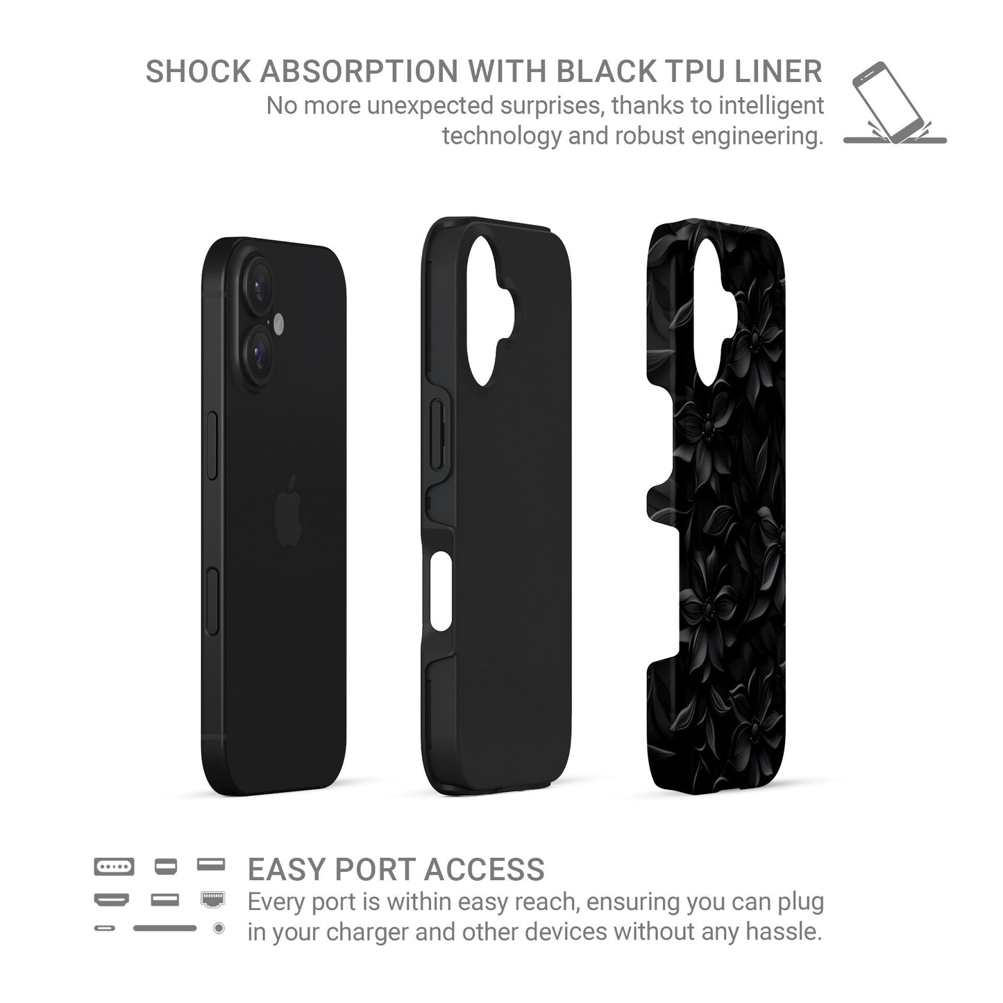 Dark Flora Tough Phone Case with black floral pattern and dual-layer protection