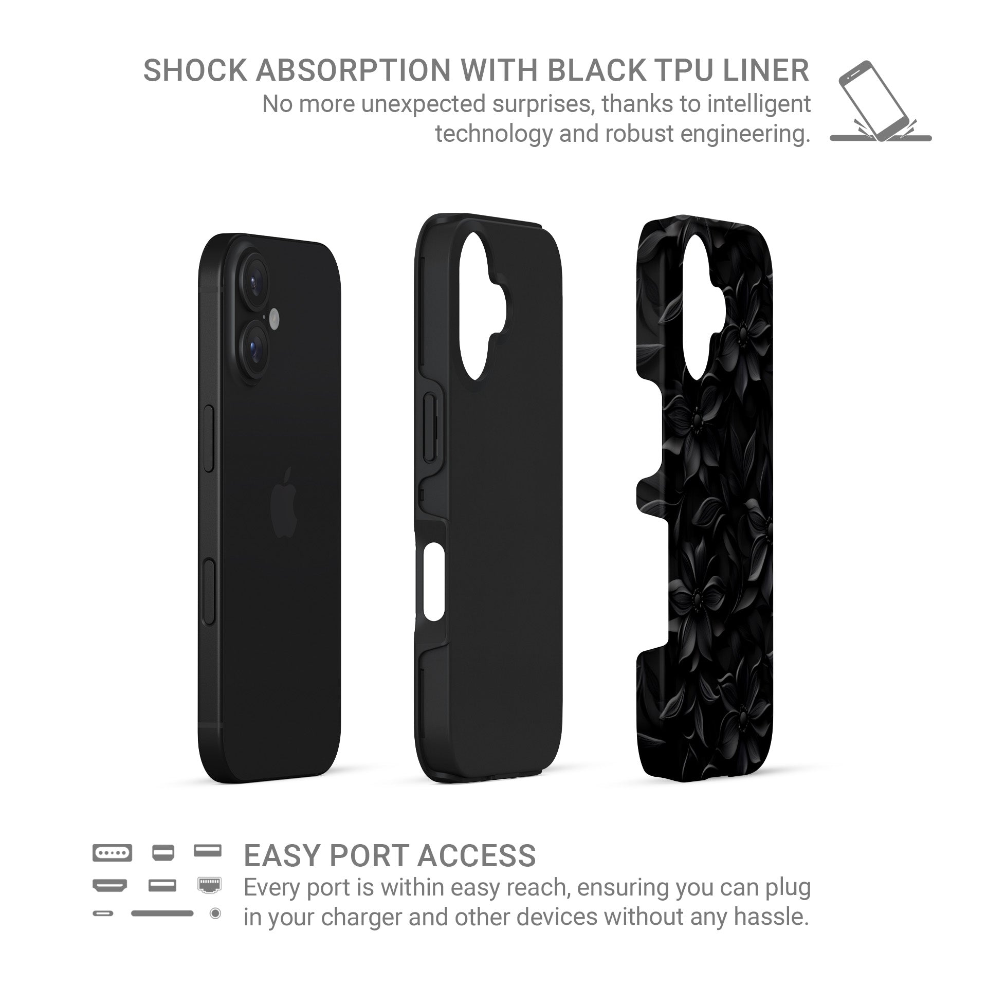 Dark Flora Tough Phone Case with black floral pattern and dual-layer protection