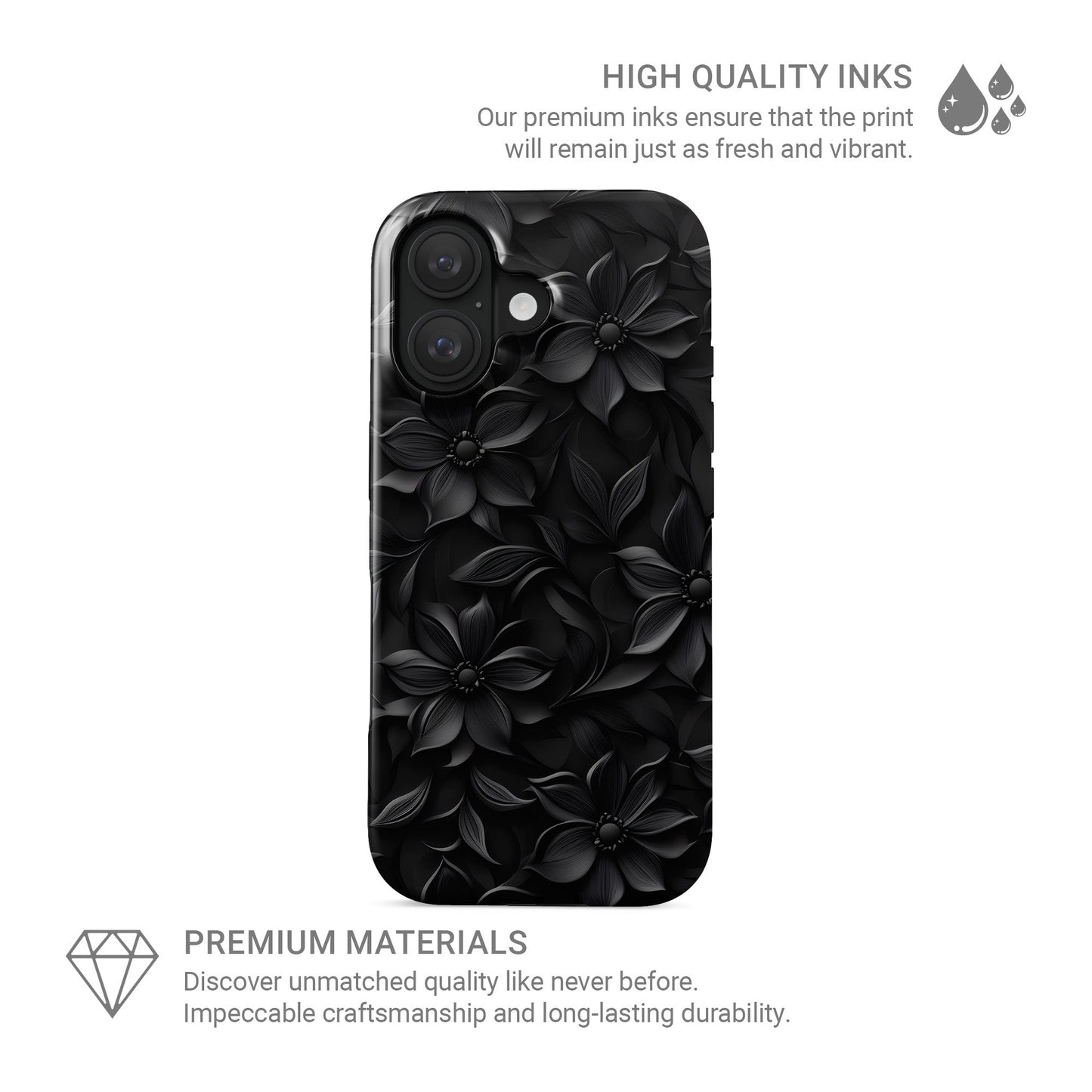 Dark Flora Tough Phone Case with black floral pattern and dual-layer protection