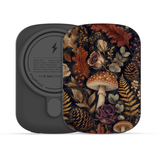 Woodland Forage power bank with mushrooms, ferns, pinecones and botanical foliage on a dark woodland background.