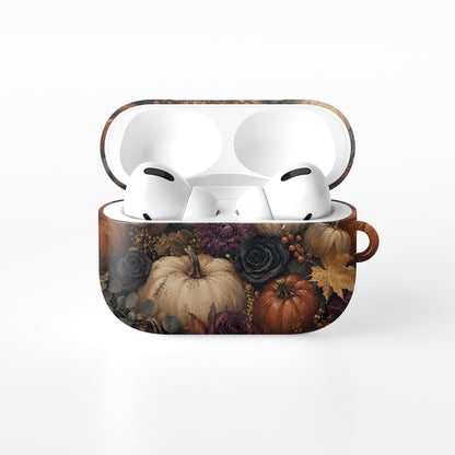 Autumn Garden AirPods case with cream pumpkins, burgundy flowers and trailing foliage on a dark botanical background.