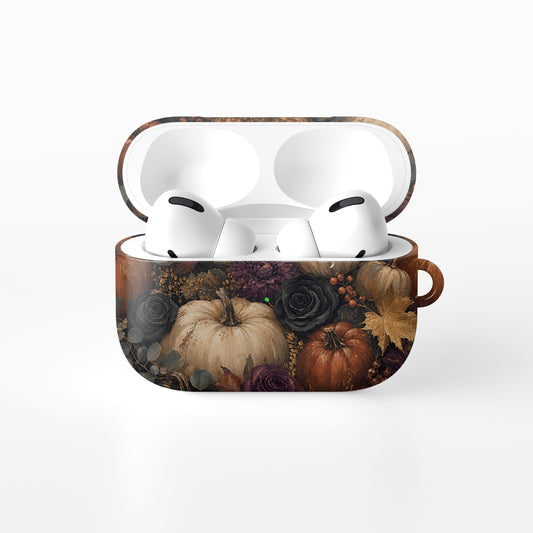 Autumn Garden AirPods case with cream pumpkins, burgundy flowers and trailing foliage on a dark botanical background.