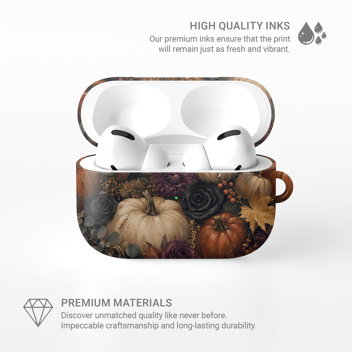 Autumn Garden AirPods case with cream pumpkins, burgundy flowers and trailing foliage on a dark botanical background.